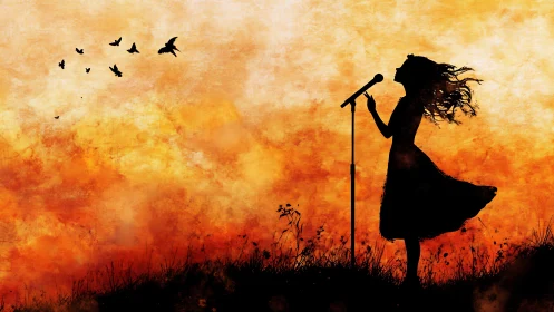 Silhouetted vocalist against textured orange sky gradient sings