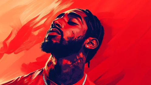 Vibrant red portrait of reflective man in digital vector style.