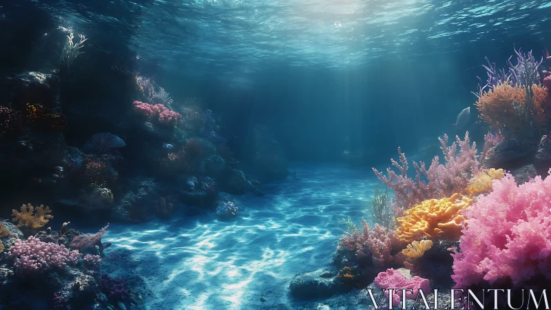 Sunlit coral garden glows beneath gentle ocean waves