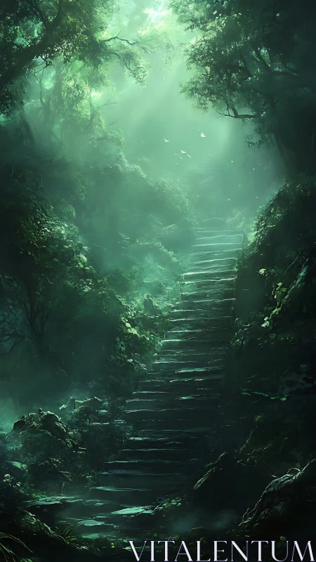 Luminescent Forest Cavern: Ethereal Woodland Staircase.