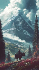 Lone rider on yak ascends toward a colossal storm-crowned peak