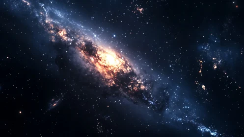 Starlit spiral galaxy glows warmly in a deep midnight sky