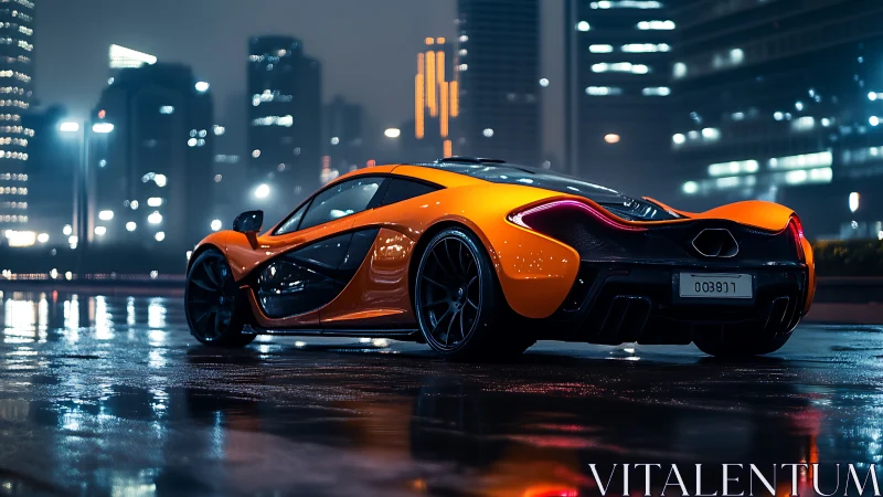 Midnight city sprint with a glowing orange supercar.
