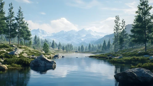 Mountain lake reflects conifer forest and distant snowy peaks