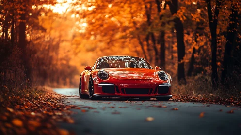 Scarlet sports car prowls a blazing autumn forest road.