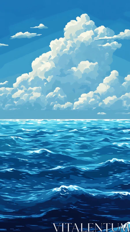 Gentle waves roll toward a bright horizon under towering clouds