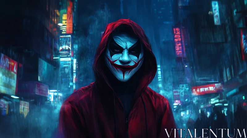 Hooded figure in clown mask stands in neon city street