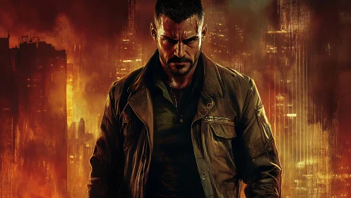 Brooding antihero stands against a burning cyber cityscape