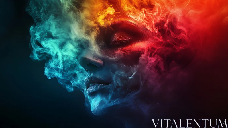 Digital painting portrait in dual-color atmospheric smoke field.