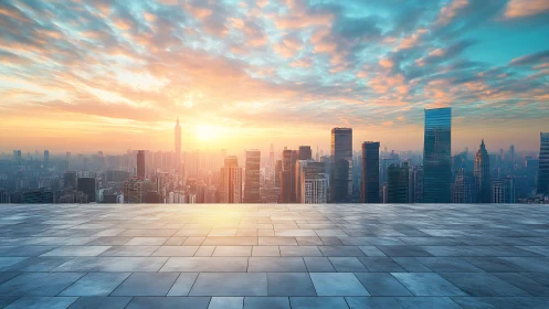 Skyline terrace greets a molten sunrise over glass towers.
