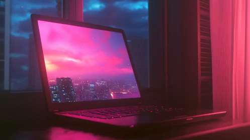 Neon city laptop glows warmly against a dreamy night window