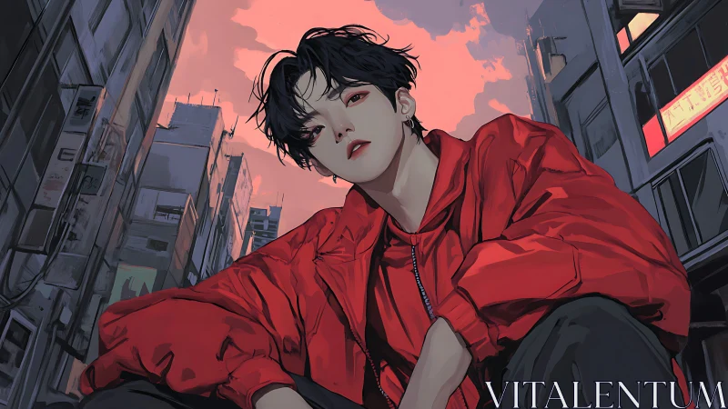 Crimson jacket claims the twilight alley like quiet royalty