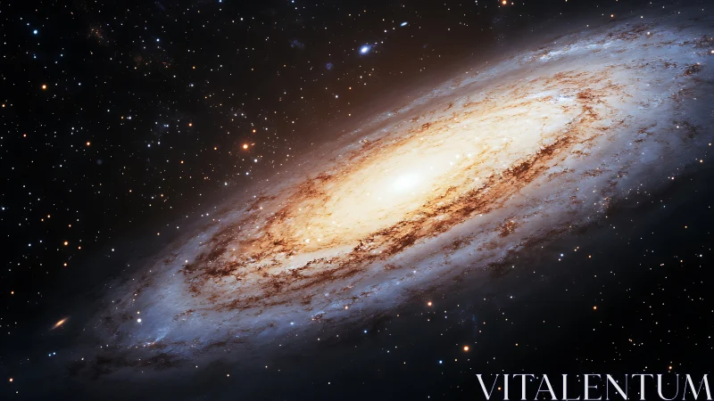 High-inclination spiral galaxy with luminous bulge and dense dust lanes