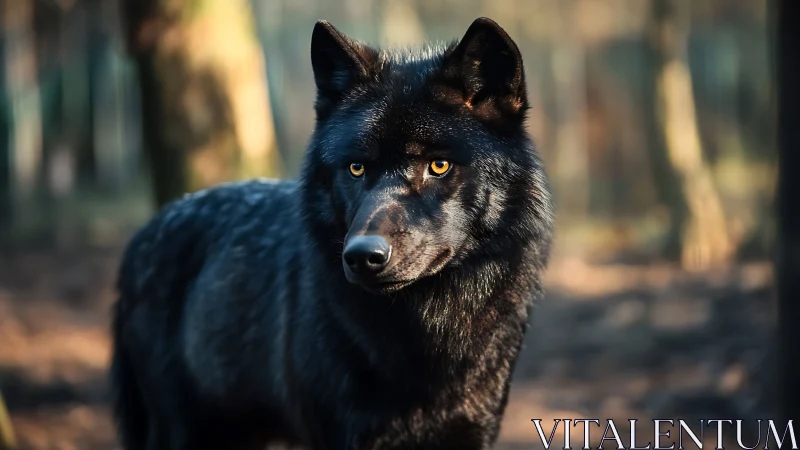 Photorealistic black wolf portrait in shallow-depth woodland frame.