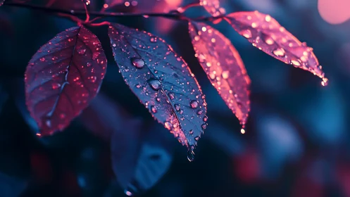 Neon-lit raindrops sparkle on crimson leaves at twilight.