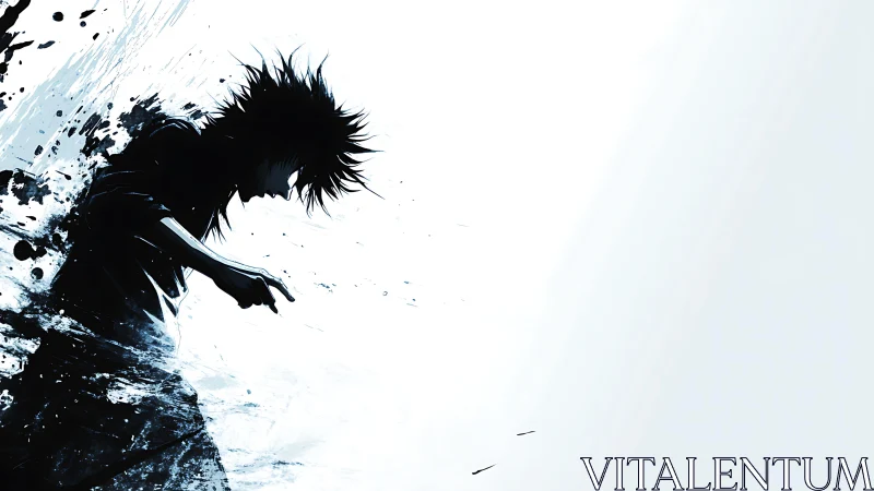 Ink-splashed anime silhouette dissolving into white void.