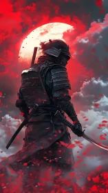 Lone samurai walks beneath a blood red moonlit sky.