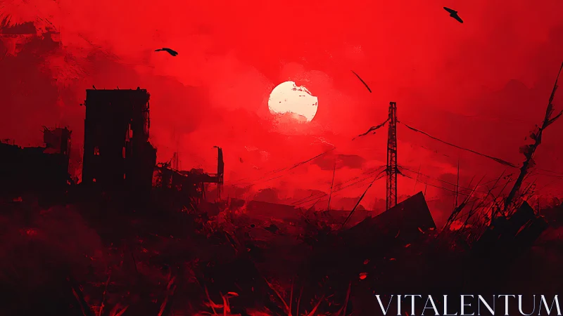 Crimson sun glowing over quiet, shadowy ruined skyline.