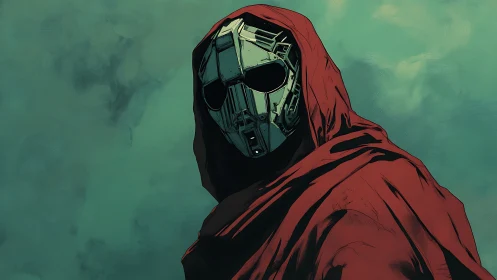 Mysterious hooded figure gazes out behind a metal mask