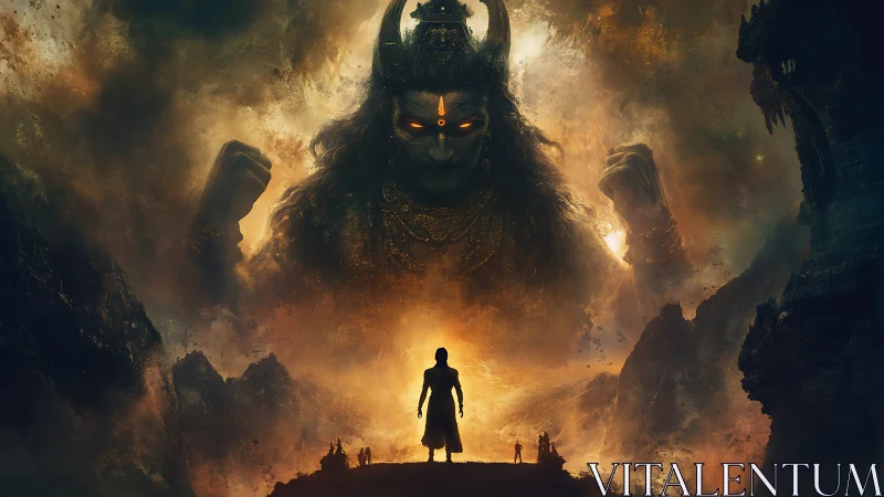 Colossal fiery deity looming over lone warrior silhouette.