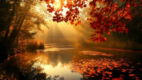 Autumn foliage and sunlight over reflective woodland lake.