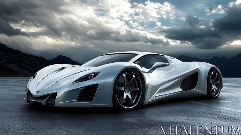 White concept supercar on wet asphalt under cloudy sky.