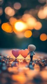 Figure stands beside two heart shapes in bokeh light scene