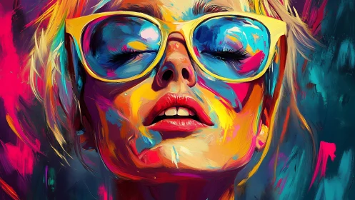 Vivid close-up portrait shows woman in reflective yellow glasses