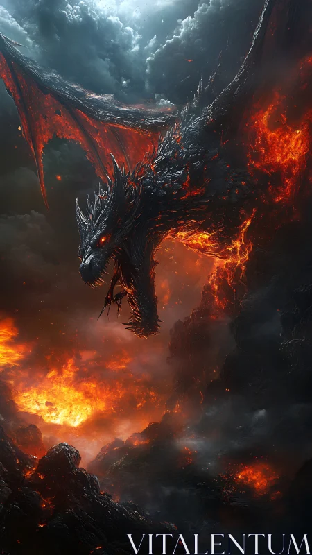 Volcanic hellfire dragon descends through dense storm clouds