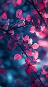 Neon Pink Flowers on Dark Blue Backdrop.