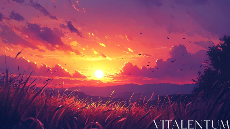 Sunset grasses drink molten sky while distant hills hum