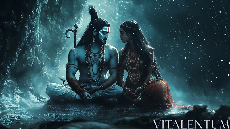 Divine couple in monsoon cave with cinematic blue lighting.