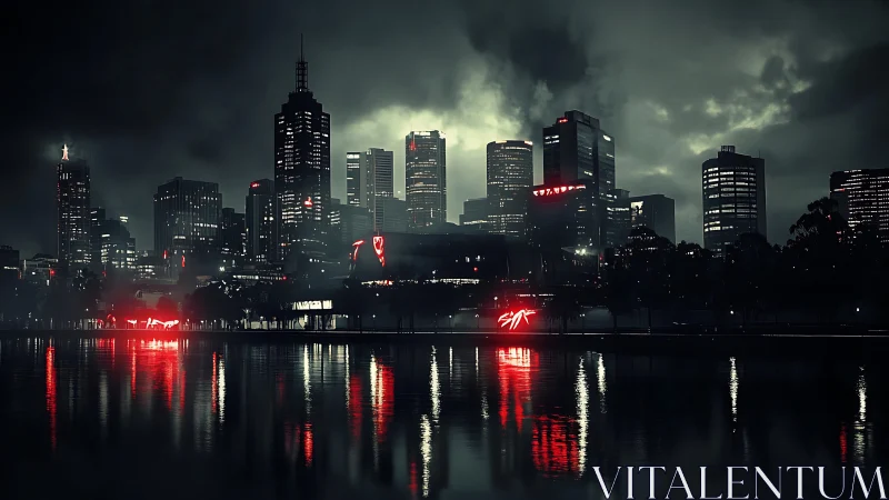 Noir skyline smolders in crimson reflections over water.