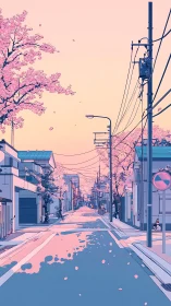 Pastel urban street under cherry blossoms in stylized anime perspective