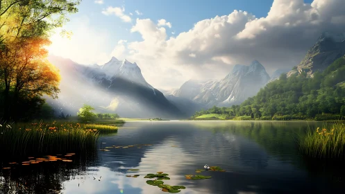 Morning sunlight gently warms a peaceful mountain lake valley