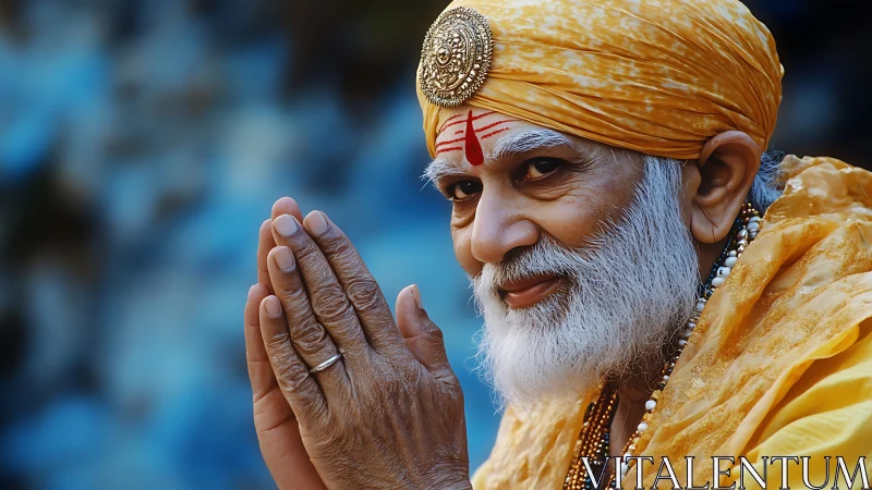 Gentle elder in golden attire offers a warm, peaceful greeting