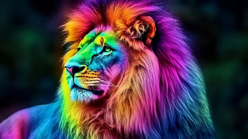 Neon spectrum lion portrait in high-saturation digital style.