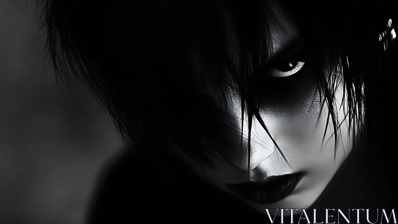 Monochrome close-up portrait with intense shadowed gaze.