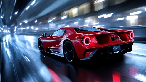 Red Ford supercar accelerates through wet neon-lit tunnel