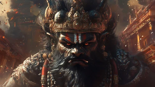 Imperial demon warlord glowers over burning temple city.