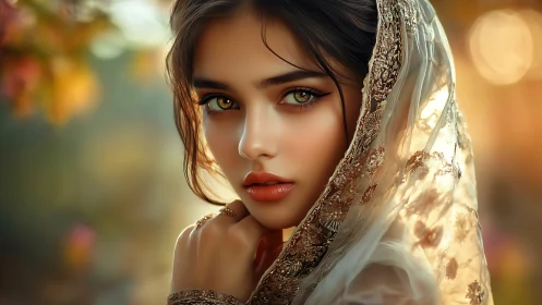 Portrait of veiled woman with ornate shawl in soft light.