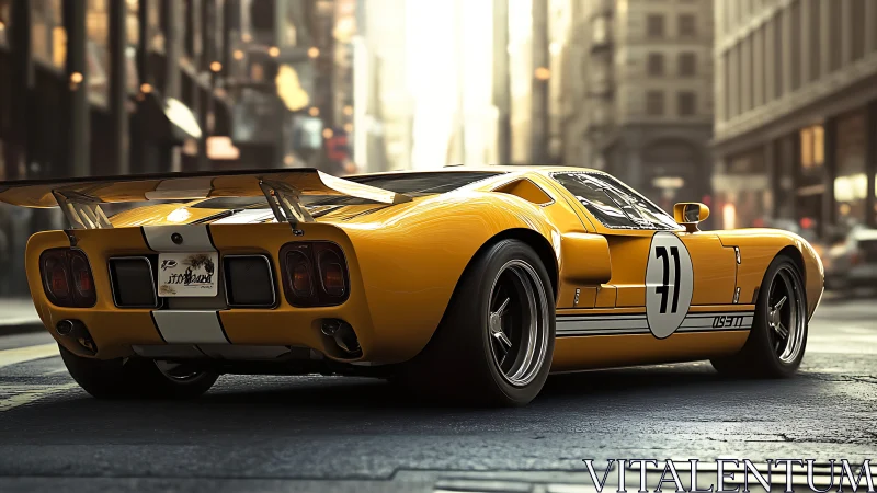 Aerodynamic yellow race coupe rendered in urban streetscape.
