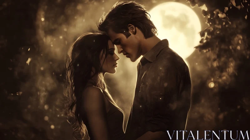 Moonlit Romantic Embrace With Warm Backlighting And Bokeh Effects