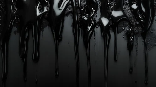 Black viscous liquid drips vertically down a dark surface