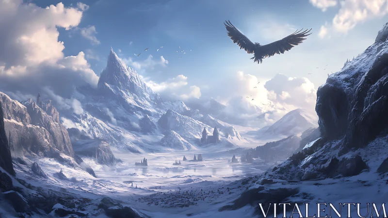 Skyborne sentinel circles above a vast frozen kingdom