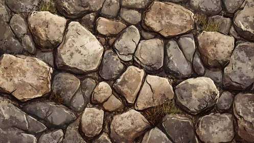 Weathered cobblestone ground texture with mossy infill details.