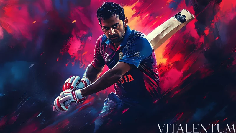 Cricketer in mid-swing against abstract red blue backdrop.