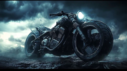 Custom heavy motorcycle stands on wet ground under storm clouds