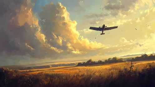 Single propeller aircraft over rural fields at sunset.
