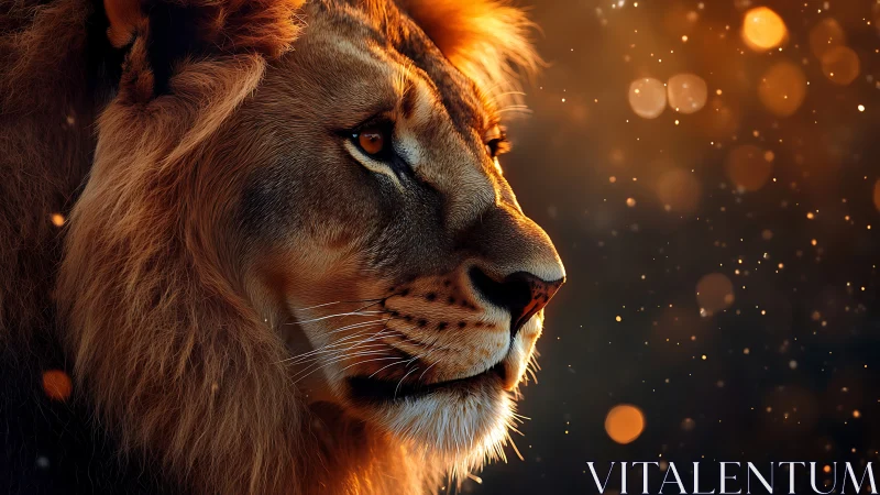 Majestic lion profile in warm glowing evening light.